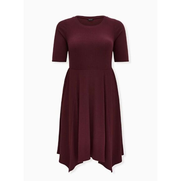 BURGUNDY PURPLE RIB HANDKERCHIEF SKATER DRESS - Picture 3 of 9